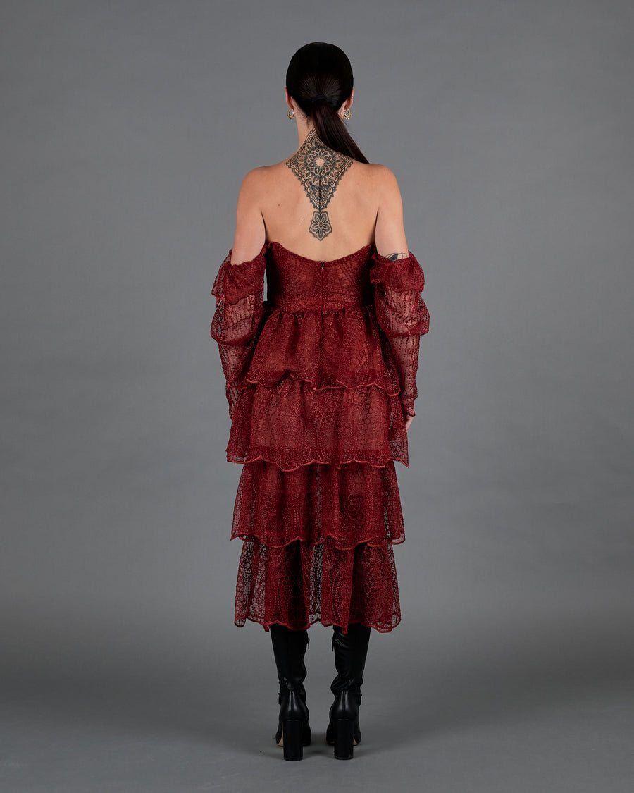 Tiered Dress in Oxblood Red back view
